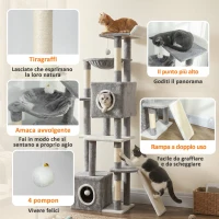 PawHut Albero Tiragraffi per Gatti con 2 Casette, Rampa, Trespoli e 4 Palline, 48x40x165 cm, Grigio e Bianco(m-6)
