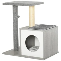 PawHut Albero Tiragraffi Multilivello per Gatti e Gattini con Cuccia e Colonna in Corda Sisal, Grigio, 59 x 39 x 62cm(m-11)