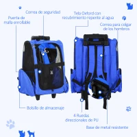 PawHut Transportín 2 en 1 para Mascotas Mochila o Carrito de Viaje para Perro y Gato con 2 Ruedas con Asa retráctil de Aluminio y Bolsillos 42x25x55 cm Azul(m-6)