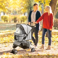 PawHut Poussette Buggy Pliable Animaux, Chariot Pliant Chien Chat, Porte-Gobelet Panier De Rangement Inclus, Roues Avec Frein, Tissu 600D Oxford Acier, 75 x 45 x 97 cm Gris(m-10)