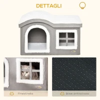 Pawhut Casetta per Gatti da Interno con 2 Entrate, Finestra e Base Antiscivolo, 63.5x37x40cm, Grigio(m-6)