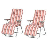 Outsunny Conjunto de 2 Espreguiçadeiras Dobráveis de Jardim com Almofada Acolchoada, Encosto Ajustável em 5 Posições, Apoio para os Pés e Estrutura de Aço, 60x75x65-102 cm, Listas Laranja(m-1)