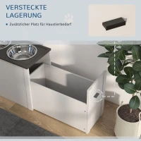 PawHut Futterstation Erhöhte Fressnäpfe 1 Stauraum 2 Edelstahl-Futternäpfe, 60 x 30 x 42cm, Weiß + Grau(m-5)