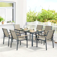 Outsunny Seven-Piece Metal Garden Dining Set, with Glass-Top Table - Khaki(m-2)