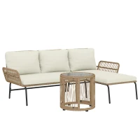 Outsunny Conjunto de Móveis de Jardim Exterior em Ratã com Sofá de 2 Lugares Chaise Longue Almofadas e Mesa Creme(m-1)