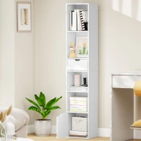 HOMCOM 6-Tier Bookcase, Tall Narrow Bookshelf with Drawer and Door - White(m-9)