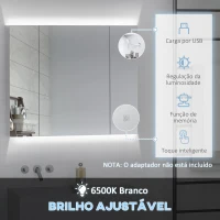kleankin Armário Casa de Banho com Espelho e Luzes LED Armário com Espelho Casa de Banho com Prateleiras Ajustáveis e USB 90x15x75 cm Branco(m-4)