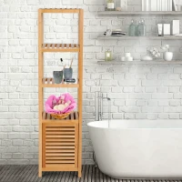 HOMCOM Estantería de Baño de Bambú Estantería de Almacenaje para Baño con 1 Puerta y 4 Estantes para Cocina Salón Dormitorio 33x36,5x140 cm Natural(m-10)