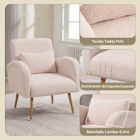 HOMCOM Poltrona em Tecido Teddy com Almofada Lombar Amovível e Pés Metálicos com Efeito Madeira para Quarto Bege(m-4)