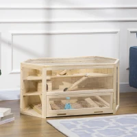 PawHut Cage à hamster à 3 niveaux bascules, fenêtres, cabanes, plateau coulissant, 115 x 60 x 55 cm, effet bois naturel(m-2)