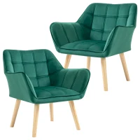 HOMCOM Accent Chair, Velvet Upholstered Vanity Tub Chair with Flared Armrests, Slanted Back, Solid Wood Legs, Comfy Padding Armchair, Home Bedroom Furniture Seating, Set of 2, Green(m-1)