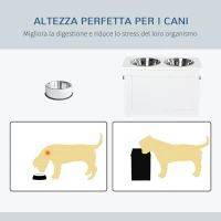 PawHut Ciotole Rialzate per Cani Grandi, Supporto in MDF con 2 Ciotole in Acciaio Inox, 60x30x41 cm, Bianco(m-6)