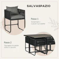 Outsunny Set da Giardino 5 Pezzi in Rattan PE e Acciaio, 4 Sedie da Esterno con Cuscini e Tavolo Rettangolare(m-7)