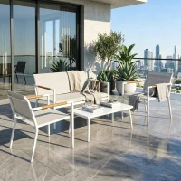 Outsunny Conjunto de Jardim Exterior com Sofá de 2 Lugares 2 Poltronas e Mesa com Tampo Metálico Assentos Respiráveis Creme(m-2)