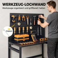 HOMCOM Werkbank mit Lochwand, Klappbare Mobile Werkbank mit Rollen, Dicke Arbeitsplatte, Stahlrahmen, Haken, Schwarz(m-6)