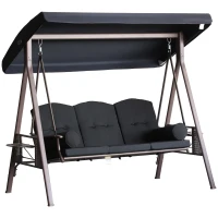 Outsunny Banco Baloiço de Jardim de 3 Lugares com Teto 2 Almofadas Suporte para Bebidas 207x120,5x174 cm Preto(m-1)