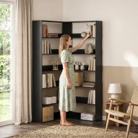 HOMCOM 7 Tiers Bookshelf, L-Shaped Corner Bookcase with Anti-Slip Rear Guard, Black Wood Effect(m-9)