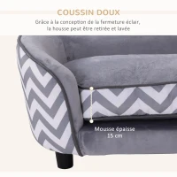 PawHut Canapé chien chat sur pied style graphique contemporain coussin amovible lavable grand confort + pochette rangement 68,5L x 40,5l x 40,5H cm gris blanc(m-5)
