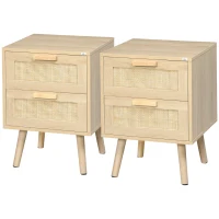HOMCOM 2er-Set Nachttische im Boho-Design, 2 Nachttische, Rattangeflecht, 4 Schubladen, Natur(m-11)