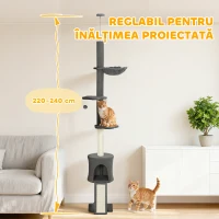 PawHut Arbore pentru Pisici la Tavan Înalt 220-240 cm cu Hamac, Căsuță, Platforme în Formă de Floare și Stâlpi din Sisal, Gri(m-4)