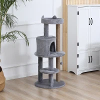 PawHut Albero Tiragraffi per Gatti a 3 Livelli con Trespoli, Casetta e Pallina Appesa, Albero per Gatti in Legno, Sisal e Peluche, 48x48x104 cm, Grigio(m-10)