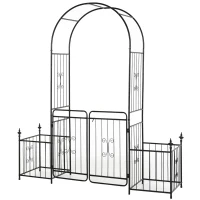 Outsunny Metal Garden Arbor Arch with Double Doors, 2 Side Planter Baskets, Climbing Vine Frame, Black(m-1)