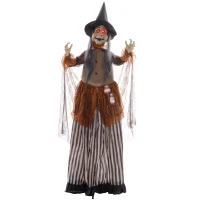 HOMCOM Heks met Toverdrank, Halloween Decor, Griezelige Geluiden, Rode Ogen, Beweegbaar, 183 cm(m-10)
