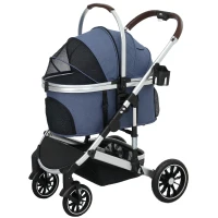 PawHut 3 in 1 Opvouwbare Hondenbuggy voor Katten tot 10 kg, met Kussen en Bekerhouder, Donkerblauw(m-10)