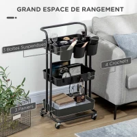 HOMCOM Chariot à 3 niveaux desserte avec 4 crochets et 3 boîtes suspendues amovibles pour 42 x 38 x 86,5 cm noir(m-4)