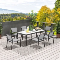 Outsunny 7-delige eettafelset, 6 stoelen, 1 tafel, stapelbaar, gemakkelijk te reinigen, stalen frame, tuinmeubelset, grijs(m-9)