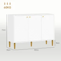 HOMCOM Buffet meuble de rangement avec 2 placard 3 portes étagères ajustables pieds dorés en acier 107 x 35 x 77 cm blanc(m-3)