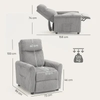 HOMCOM Poltrona Relax Reclinável Manual Estofada em Veludo com Apoio para Pés 73x86x100 cm Cinzento(m-7)