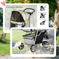 PawHut Poussette Buggy Pliable Animaux, Chariot Pliant Chien Chat, Porte-Gobelet Panier De Rangement Inclus, Roues Avec Frein, Tissu 600D Oxford Acier, 75 x 45 x 97 cm Gris(m-6)