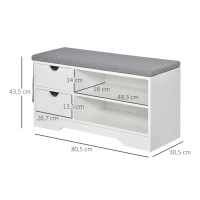 HOMCOM Banco Sapateira com 2 Prateleiras Bolso Almofada Amovível e 2 Gavetas para 4 Pares de Sapatos 80,5x30,5x43,5 cm Branco e Cinza(m-3)