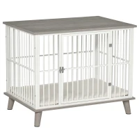 PawHut Cage pour chien moyens animaux avec coussin amovible lavable porte verrouillable avec loquet acier panneaux de particules blanc chêne gris(m-1)