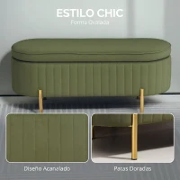 HOMCOM Banco para Pie de Cama con Almacenaje Tapizado en Terciopelo Patas Doradas y Diseño Elegante Ovalado 108x44x43,5cm Verde Oscuro(m-5)
