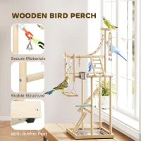 PawHut 95 cm Wooden Bird Playground with Ladders, Chain Toy, Stainless Steel Cups and Tray, Bird Cage Accessories, Natural(m-4)