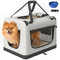 PawHut Transporteur Souple pour Chiens de Petite Taille Pliable avec Gamelle, en Tissu Oxford, Gris clair(m-6)