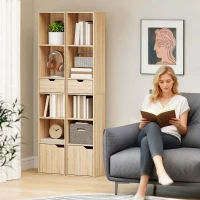 HOMCOM 6-Tier Bookcase, Tall Narrow Bookshelf with Drawer and Door - Natural Wood Finish(m-7)