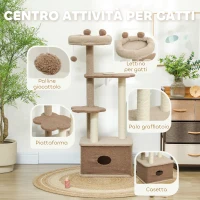 PawHut Albero Tiragraffi per Gatti con Lettino, Casetta e Piattaforme, in Legno e Cashmere, 48x40x133 cm, Marrone(m-4)