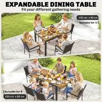 Outsunny 7 Piece Rattan Garden Furniture Set, 6 Seater Garden Table and 6 Stackable Chairs with Extendable Acacia Wood Tabletop(m-5)