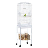 PawHut Gaiola para Passáros com Suporte  com 4 Rodas Portas 4 Comedouros 3 Poleiros e Bandeja Removível 46,5x36x157cm Branco(m-1)