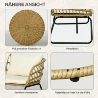 Outsunny Lounge-Set Rattan Zitgroep, Buitenmeubelset in Boho-stijl, 5-delig, 145 x 70 x 78 cm, Crème + Natuur + Zwart(m-7)