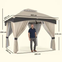 Outsunny Gazebo da Giardino 3x3m in Acciaio con Doppio Tettuccio e Tende, Beige e Grigio(m-3)