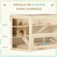 PawHut Gaiola de Madeira para Hámster 115x60x55cm Gaiola para Roedores e Animais Pequenos de 3 Níveis com Teto Abatível Bandeja Removível e 3 Rampas Madeira(m-5)