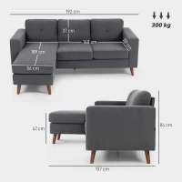 HOMCOM Sofá Chaise Longue Reversível Sofá de Canto em Forma de L de 3 Lugares Estofado em Veludo Cotelê 192x137x84 cm Cinzento Escuro(m-3)