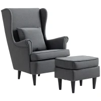 HOMCOM Sillón con Reposapiés Respaldo Alto Capitoné Patas de Madera Almohada Acolchada y Tapizado en Lino Gris(m-12)