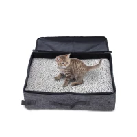 PawHut Cat Litter Box Collapsible Portable Foldable Travel Light Weight Toilet Tray For Small Kitty - Grey(m-1)