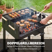 Outsunny Houtskoolbarbecue met 4 verstelbare grillhoogtes, 2 houten planken, 2 wielen, aslade, 99,5 x 58 x 82 cm(m-4)
