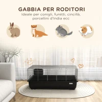 PawHut Gabbia per Conigli a 2 Porte con Vassoio Rimovibile, in Metallo e Plastica PP, 100x55x41 cm, Nero e Argento(m-3)